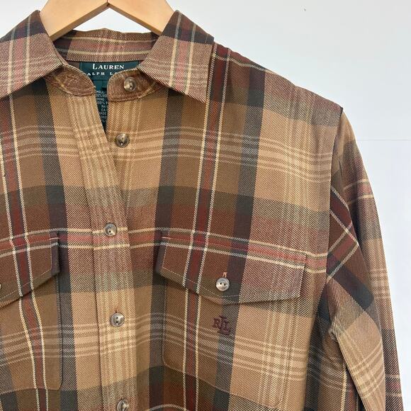 Vintage Ralph Lauren RLL Plaid Brown Button Down Shirt Small Worsted Wool - Picture 6 of 10